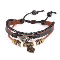 Genuine Leather Hemp Wood Bracelet Brown Luchy Charm Wood Alloy Beads G377