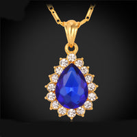 Gold Plated Necklace Pendant  Water Drop Crystal Stone Blue Women's L52