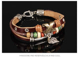 Genuine Leather Hemp Wood Bracelet Green Brown Silver  Luchy Charm Wood G368