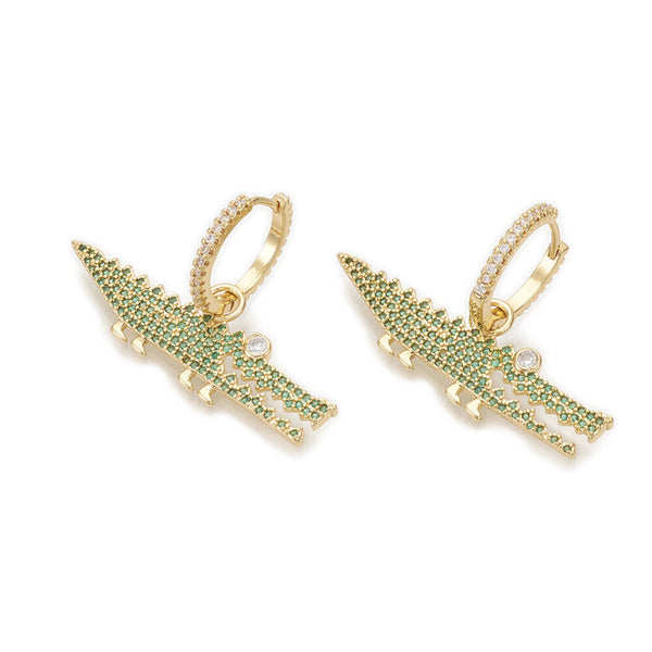 Brass Cubic Zirconia Dangle Hoop Earrings Crocodile Green Gold 25mm Pin1mm  P629