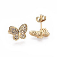 Brass Micro Pave Cubic Zirconia Stud Earrings Butterfly Gold Clear P606