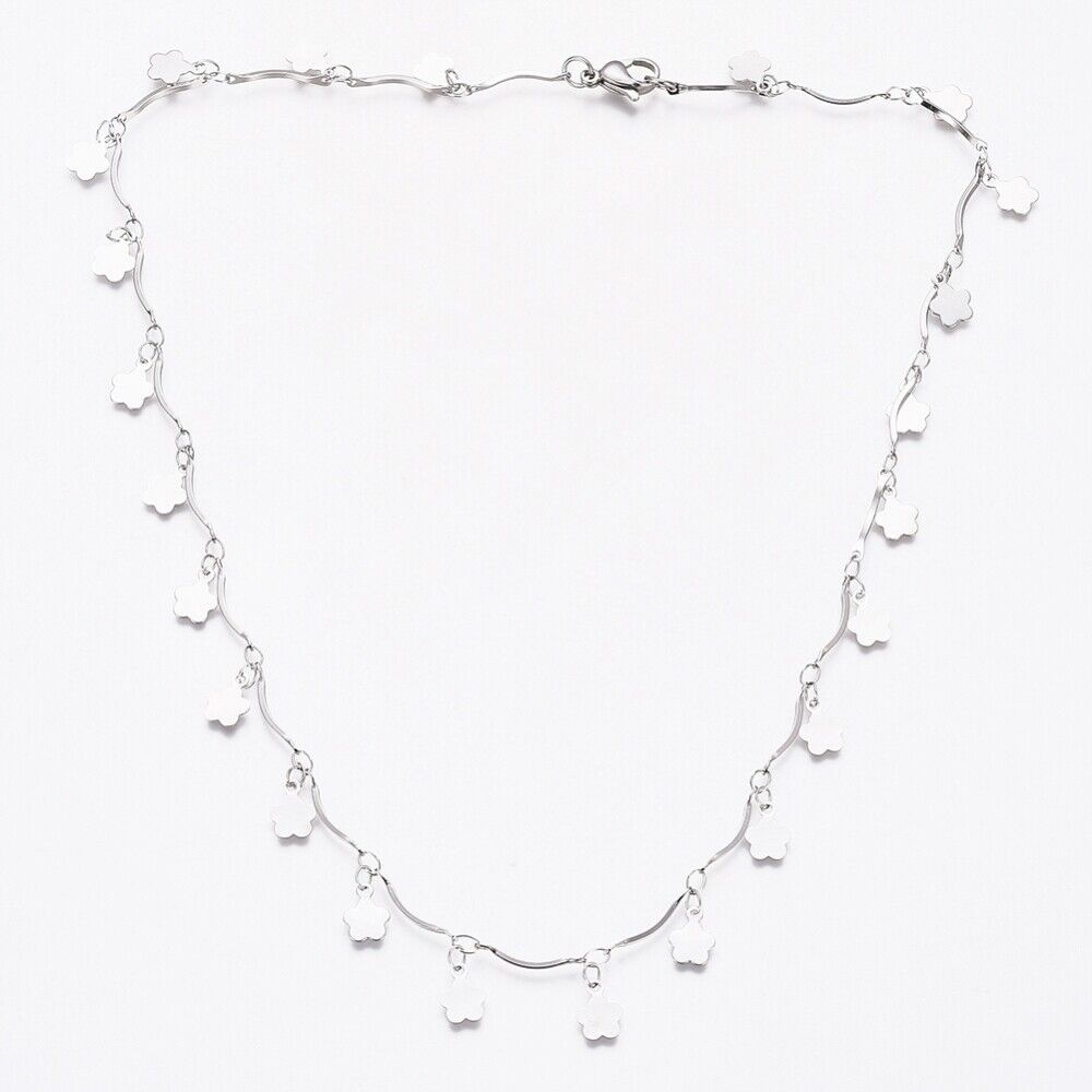 Stainless Steel Flower Charm Necklace Bar Necklace Lobster Silver 17.5" Z473