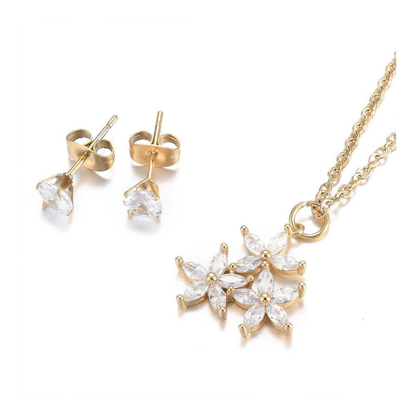 Stainless Steel Set Flower Pendant Necklace Stud Earrings Lobster Gold 18" Z765