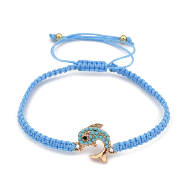 Adjustable Nylon Cord Braided Bead Bracelet Resin Round Fish Light Sky Blue Z146