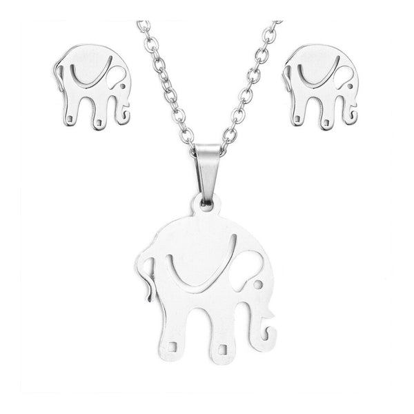 Stainless Steel Set Pendant Necklace Earrings Lobster Elephant Silver 17" A443