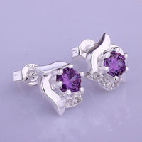 Sterling Silver Drop Dangle Stud Earrings Purple Zirconia L44