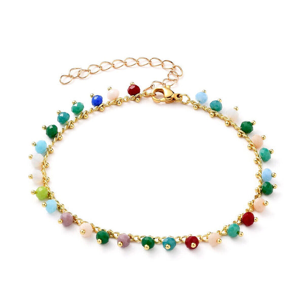 Rondelle Glass Charm Bracelet Gold Plated Stainless Steel Lobster 7.6" Z165