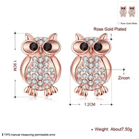 Rose Gold Plated  Earrings Stud AAA Zirconia Push Back Owl  .76" L168