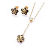 Stainless Steel Set Necklace Stud Earrings Enamel Flower Gold 16.5" Z756