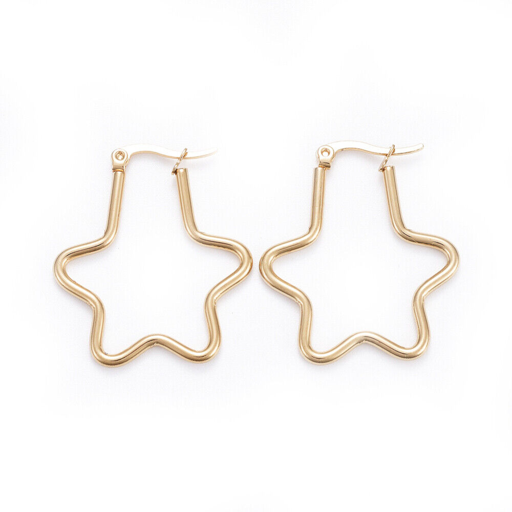 Stainless Steel Hoop Earrings Geometrical Star Gold 34x30x2mm Pin 0.7x1mm  P603