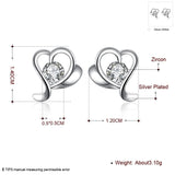 Sterling Silver Plated Earrings Stud AAA Zirconia Push Back Heart .2" L432