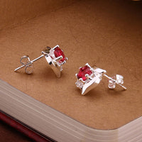 Sterling Silver Drop Dangle Stud Earrings Red Zirconia L39