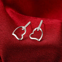 Sterling Silver Plated  Earrings Stud AAA Zirconia Push Back Heart .4" L405