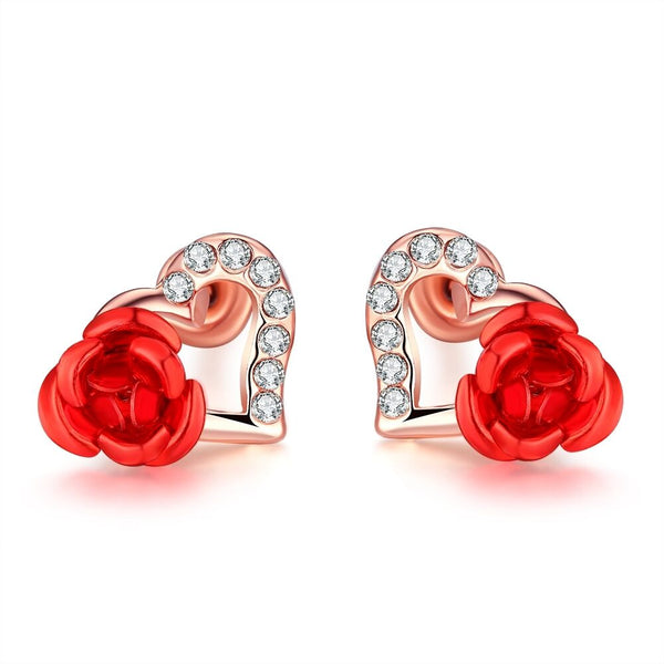 Rose Gold Plated Red Earrings Stud AAA Zirconia Push Back Rose .48" L176