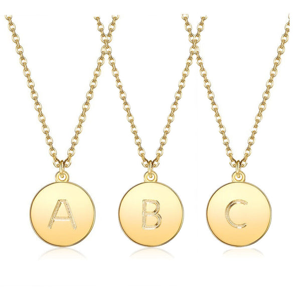 Pendant Necklace Chains Flat Round Initial Alphabet Letter Gold 16.15" P652