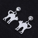 Stainless Steel Kitten Dangle Stud Earrings Zirconia Stretching Cat Silver Z376