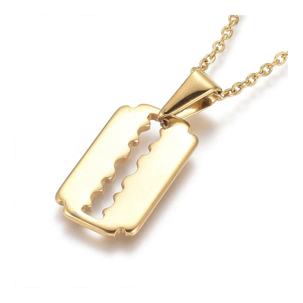 Stainless Steel Pendant Necklace Lobster Rectangle Razor Blade Gold 17.5" A232