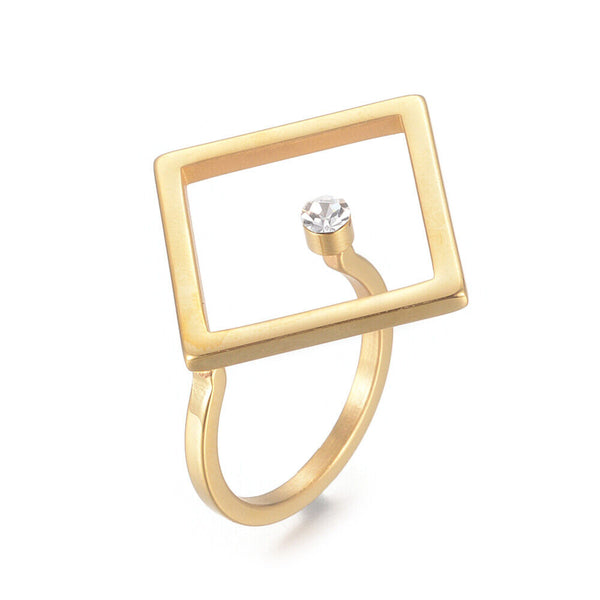304 Stainless Steel Hollow Rings Rhinestone Rhombus Gold Adjustable 17mm Z717