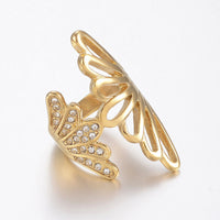 Stainless Steel Rhinestone Ring Wide Band Rings Hollow Butterfly Gold  Z705