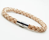 Men's Women's Braided Leather Stainless Steel Magnetic Clasp Bracelet Beige