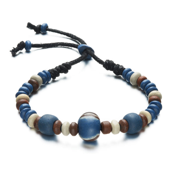 Hand Woven Clay Bracelet Blue Brown White Charm Beads Unisex G404