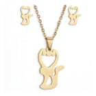Stainless Steel Set Pendant Necklace Stud Earrings Lobster Fox Gold 17" A428