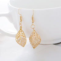 Dangle Earrings Glass Beads Leaf Clear Gold Fish Hook 46x14mm P137