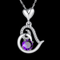 Platinum Plated Necklace Pendant Heart Zircon Purple 20 Inches 1MM Lobster B163