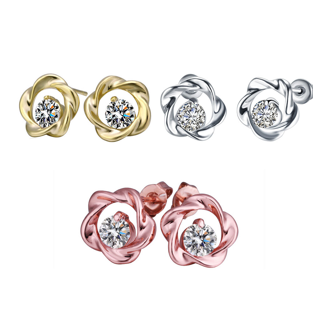 Rose Gold Platinum Plated Earrings Stud AAA Zirconia Push Back Rose .44" L283