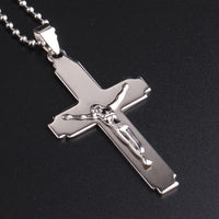 Stainless Steel Pendant1.31X2.32 Inch Jesus Cross  Black Silver Necklace 22" B9