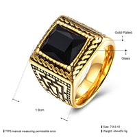 Stainless Steel Yellow Gold Plated Ring Men's Black Glass Stone B547