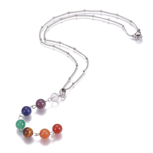 Chakra Stainless Steel Pendant Necklace Mixed Stone Rondelle Silver 16.5" Z508