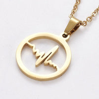 Stainless Steel Set Earring Pendant Necklace Flat Round Heartbeat Gold 18" P793