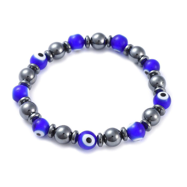 Handmade Evil Eye Stretch Bracelet Non-Magnetic Hematite Blue 2-1/4"(5.8cm) Z239