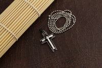 Stainless Steel Cross Pendant Beads Necklace Unisex Silver Black L155