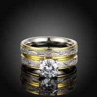 Stainless Steel Bridal Engagement Set Ring Gold Plated Rhinestone Women B442