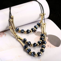 Yellow Gold Black Beads Soral Chain Double Necklace L83