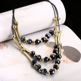 Yellow Gold Black Beads Soral Chain Double Necklace L83