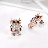 Rose Gold Plated  Earrings Stud AAA Zirconia Push Back Owl  .76" L168