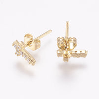 Brass Micro Pave Cubic Zirconia Stud Earrings Ear Nuts Cross Gold 9x5x2mm P640