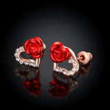 Rose Gold Plated Red Earrings Stud AAA Zirconia Push Back Rose .48" L176