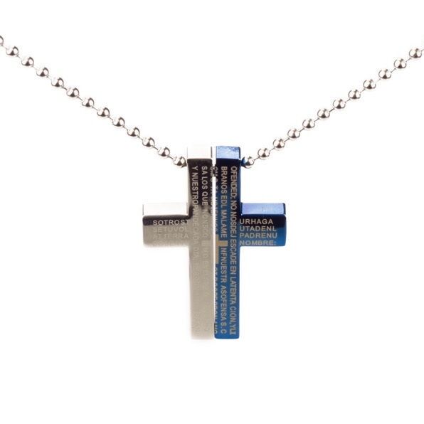 Stainless Steel Cross Pendant Beads Necklace Unisex Silver Blue L157