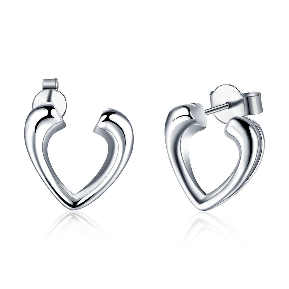 Sterling Silver Plated Earrings Stud Push Back Heart .6" L334