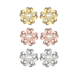 Rose Gold Platinum Plated Earrings Pearl AAA Zirconia Push Back Flower .76" L326