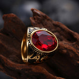 Stainless Steel Yellow Gold Plated Mens Ring Red Stone B551