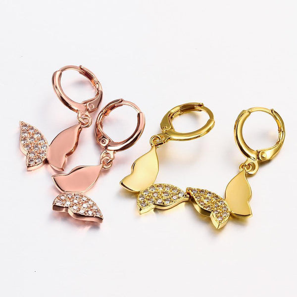Rose Gold Plated Earrings Drop Dangle AAA Zirconia Leverback Butterfly .6" L231