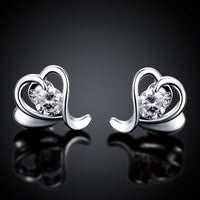 Sterling Silver Plated Earrings Stud AAA Zirconia Push Back Heart .2" L432