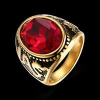 Stainless Steel Yellow Gold Plated Mens Ring Red Stone B551