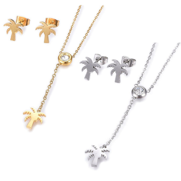 Stainless Steel Set Earrings Pendant Necklace Coconut Tree Gold 16.54" P730