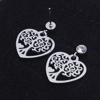 Stainless Steel Dangle Stud Earrings Zirconia Heart Tree of Life Silver  Z374